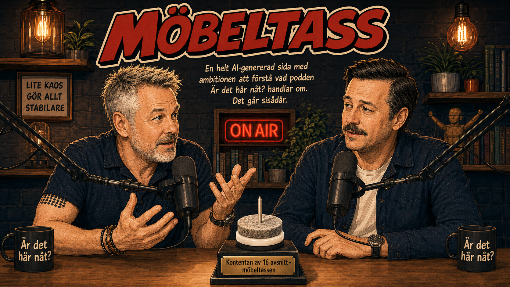 Möbeltass. En helt AI-genererad sida med ambitionen att förstå vad podden Är det här nåt? handlar om. Det går sisådär.